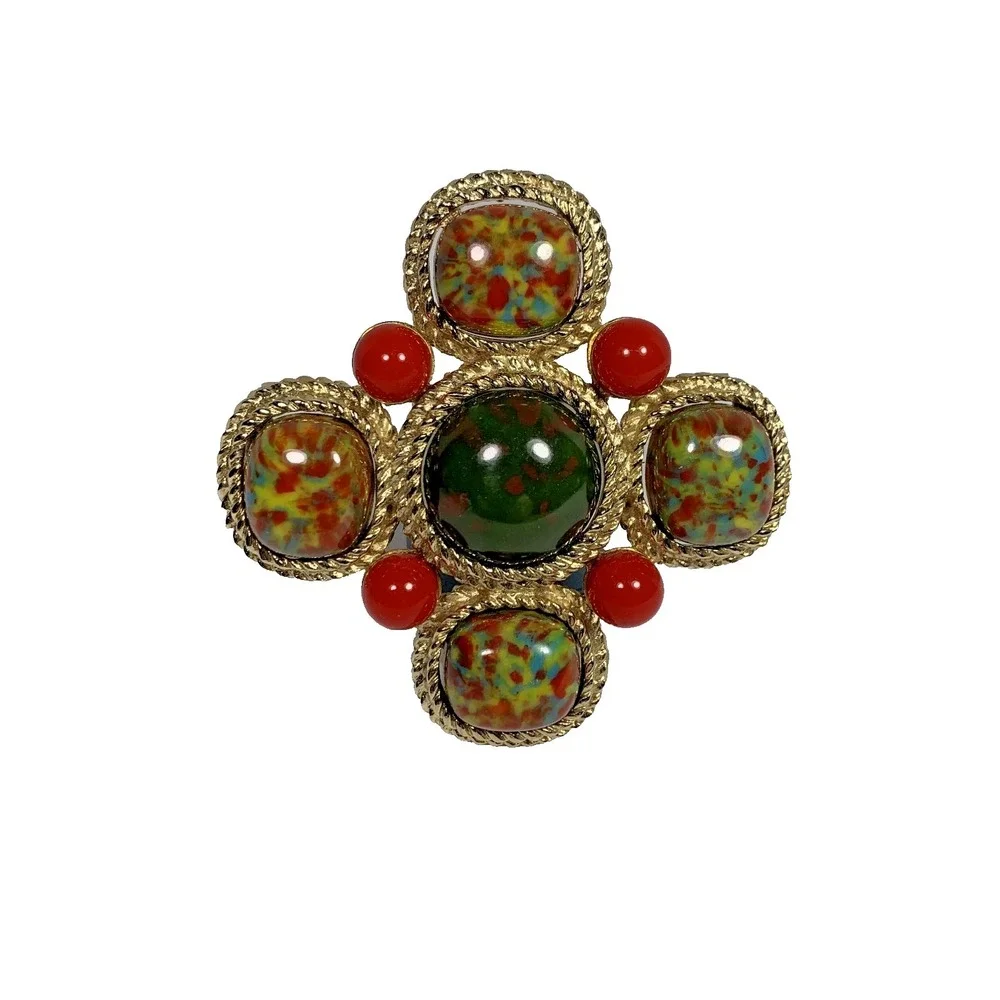 Vintage Sarah Coventry Signed Large Mosaic Maltese Cross‎ Brooch Pin Gold Tone
